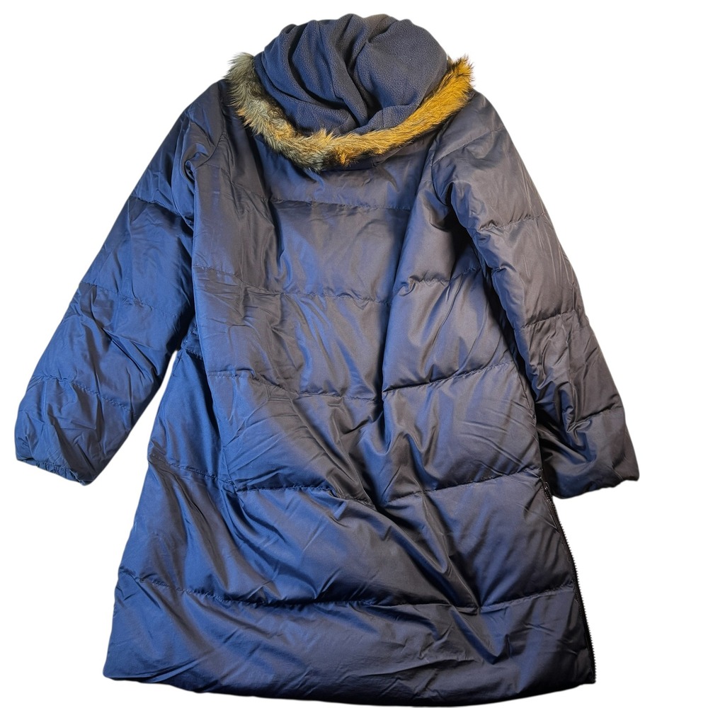 Gap Womens Long Puffer Coat Jacket Faux Fur Hooded Side Zip Blue/Navy Size L